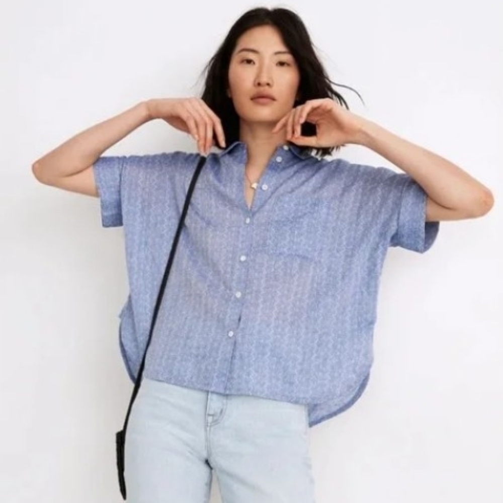 Madewell Blue Boxy Short Sleeve 'Daily Shirt in Textural Stripe'  - Size XS